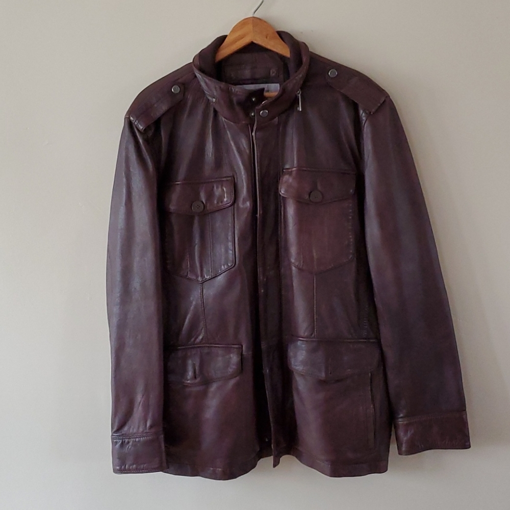Andrew Marc military style leather coat sz LARGE